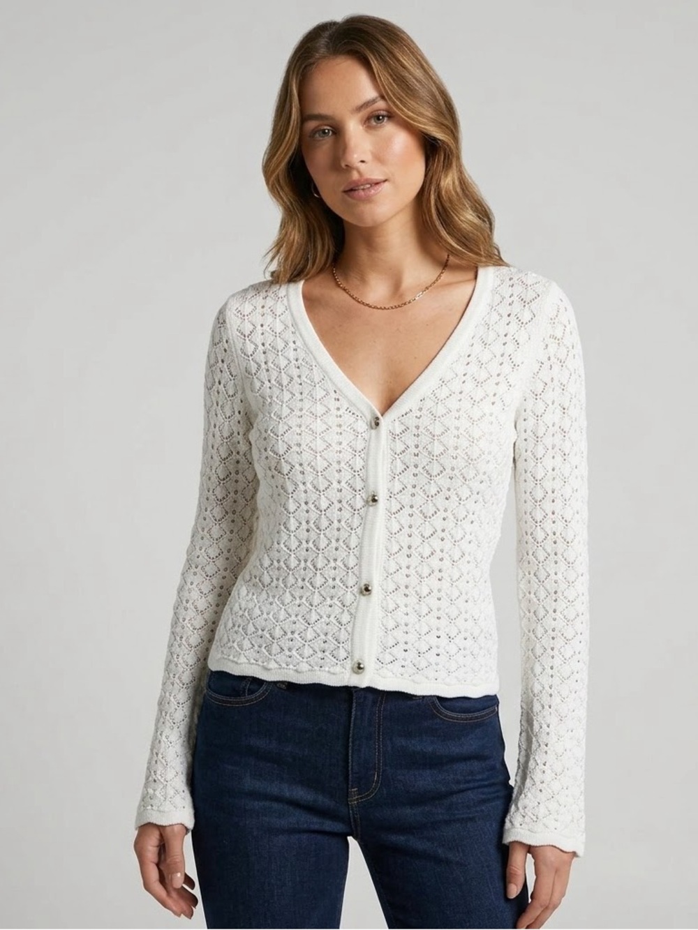 Revolve COMMENSE Pointelle Knit V-Neck Cardigan Openwork Button Down Sweater